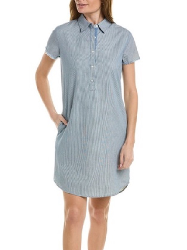J Mclaughlin Arissa Shirt Dress Stripe Fray Hem Blue White Coastal Preppy Large